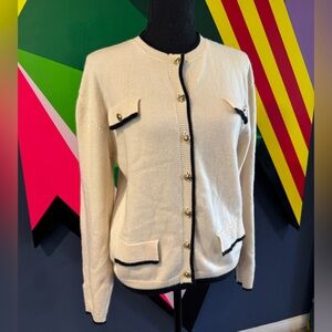 Vintage Bullocks 100% Cashmere Cream Cardigan with Black Trim and Gold Buttons